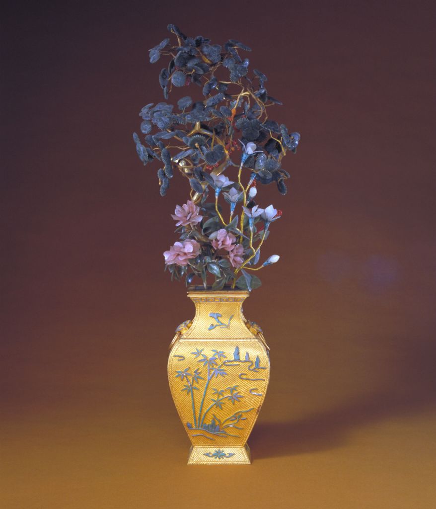 图片[1]-Double-ear live ring gold vase pine flower landscape-China Archive